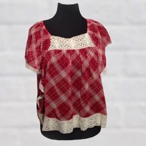 Volume One Red White Plaid Lace Batwing Sheer Top